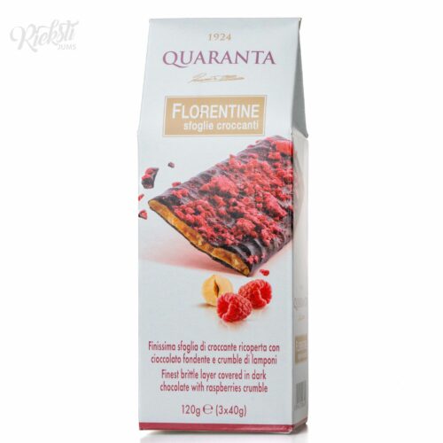 “QUARANTA” krokāna batoniņi ar liofilizētām avenēm, pārklāti ar tumšo šokolādi, 120 g